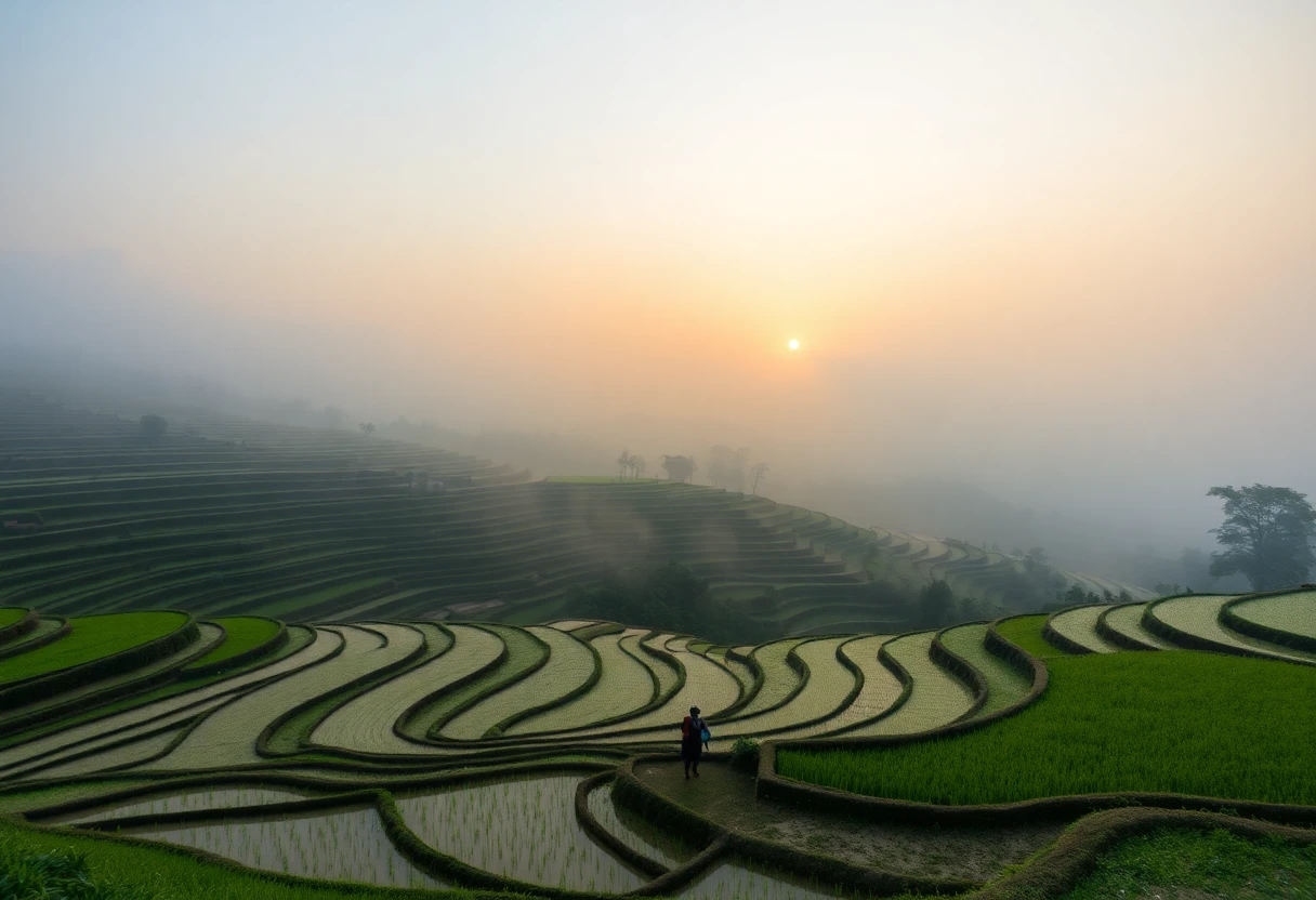 Misty sunrise over terraced rice fields with farmers working